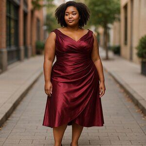 Vintage Belsoie Burgundy Satin Off-Shoulder Cocktail Midi Dress 18